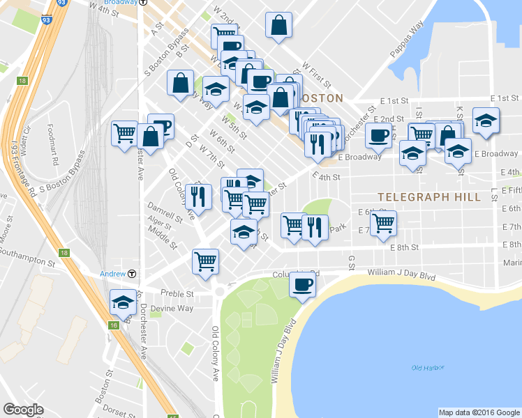 map of restaurants, bars, coffee shops, grocery stores, and more near 22 Mercer Street in Boston