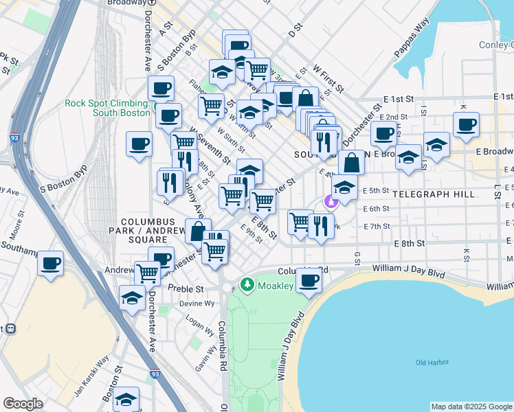 map of restaurants, bars, coffee shops, grocery stores, and more near 2 Telegraph Street in Boston