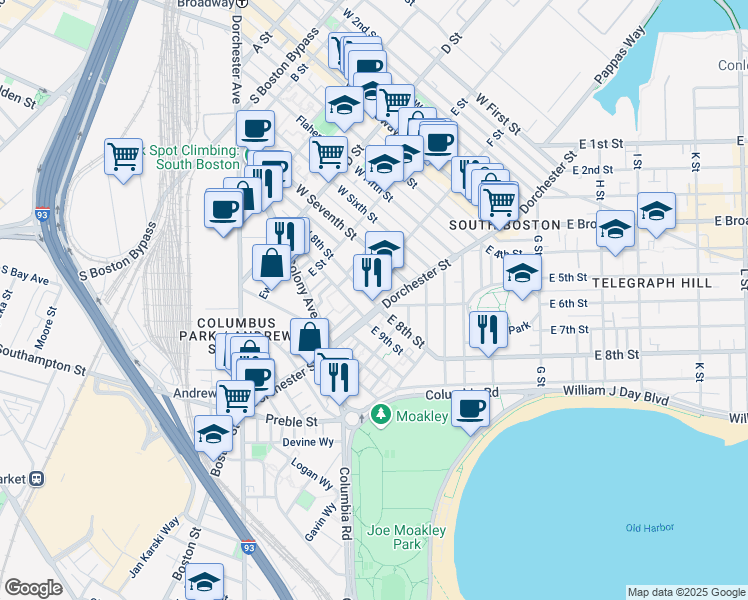 map of restaurants, bars, coffee shops, grocery stores, and more near 218 West 9th Street in Boston