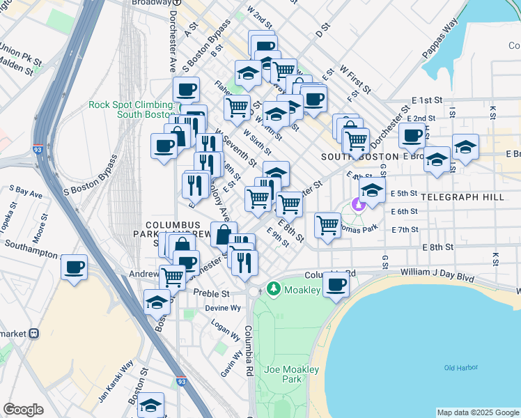 map of restaurants, bars, coffee shops, grocery stores, and more near 218 West 9th Street in Boston