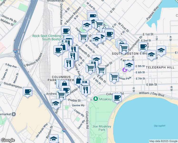 map of restaurants, bars, coffee shops, grocery stores, and more near 218 West 9th Street in Boston