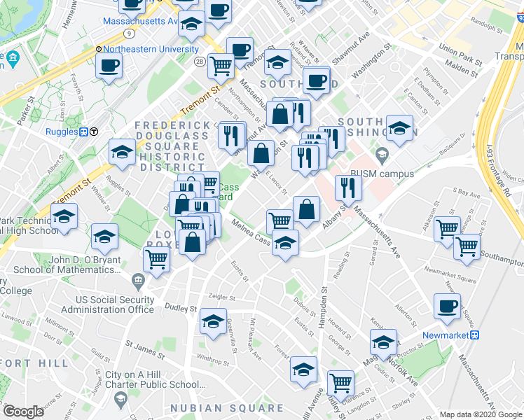 map of restaurants, bars, coffee shops, grocery stores, and more near 41 Thorndike Street in Boston
