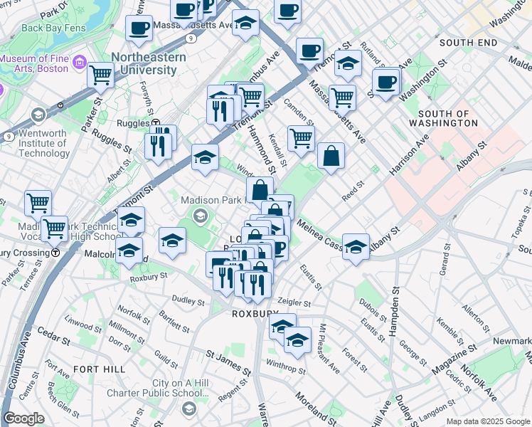 map of restaurants, bars, coffee shops, grocery stores, and more near 723 Shawmut Avenue in Boston