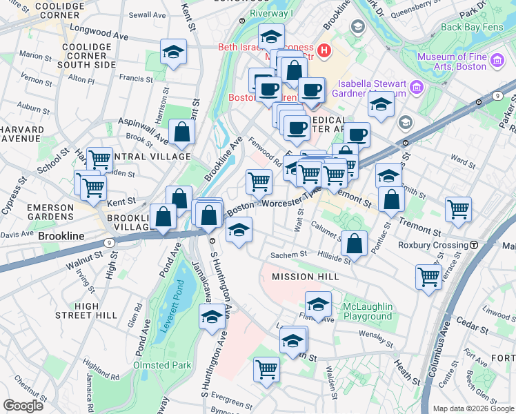 map of restaurants, bars, coffee shops, grocery stores, and more near 2 Shepherd Avenue in Boston