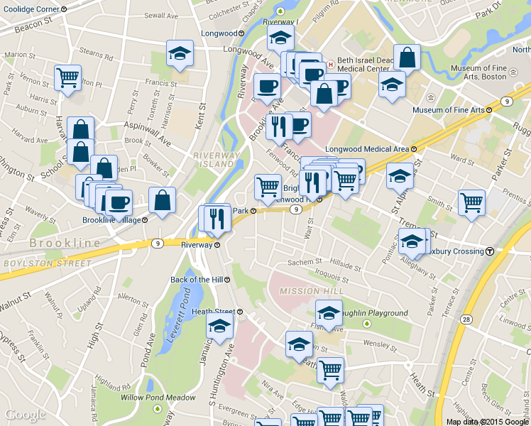map of restaurants, bars, coffee shops, grocery stores, and more near 2 Shepherd Avenue in Boston