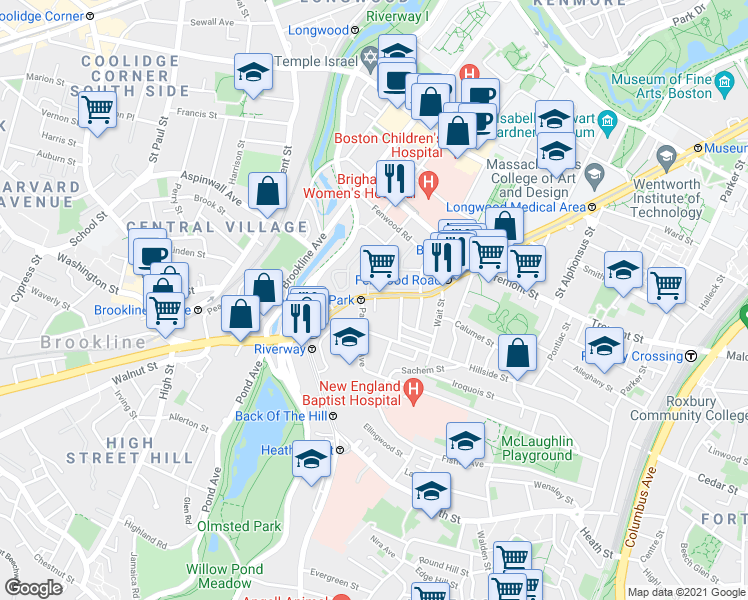 map of restaurants, bars, coffee shops, grocery stores, and more near 2 Shepherd Avenue in Boston