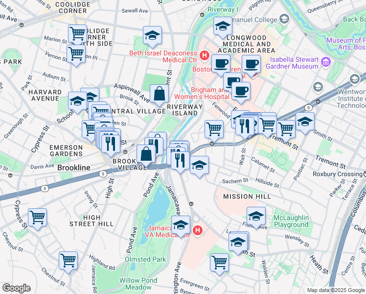 map of restaurants, bars, coffee shops, grocery stores, and more near 382 Riverway in Boston