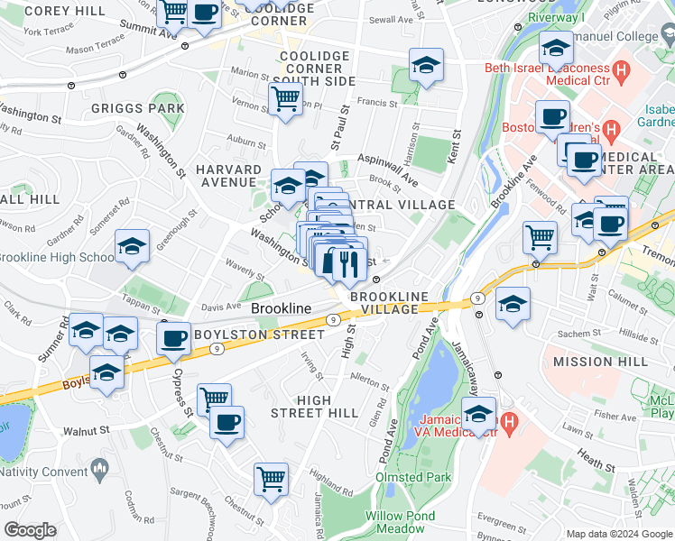 map of restaurants, bars, coffee shops, grocery stores, and more near 4 Station Street in Brookline
