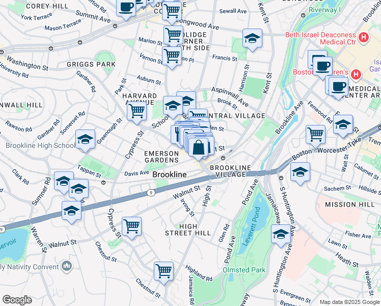 map of restaurants, bars, coffee shops, grocery stores, and more near 284 Washington Street in Brookline
