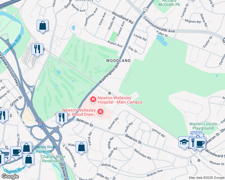 map of restaurants, bars, coffee shops, grocery stores, and more near 1940 Washington Street in Newton