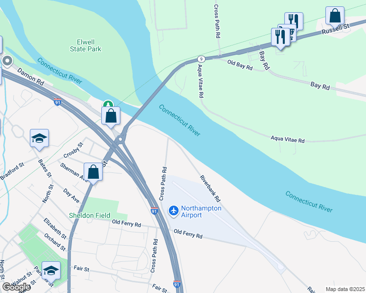 map of restaurants, bars, coffee shops, grocery stores, and more near 140 Riverbank Road in Northampton