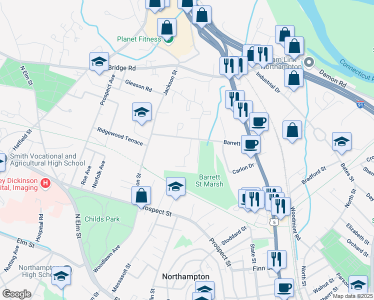 map of restaurants, bars, coffee shops, grocery stores, and more near 72 Barrett Street in Northampton
