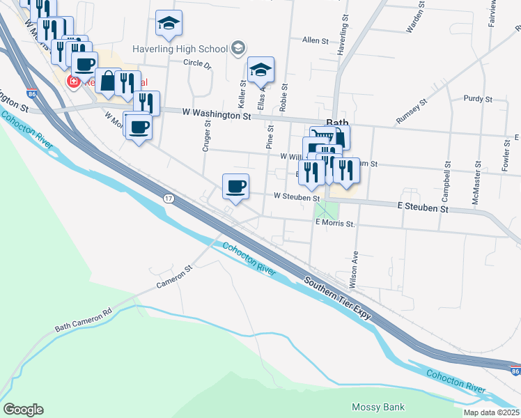 map of restaurants, bars, coffee shops, grocery stores, and more near 32 West Morris Street in Bath