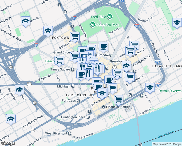 map of restaurants, bars, coffee shops, grocery stores, and more near in Detroit
