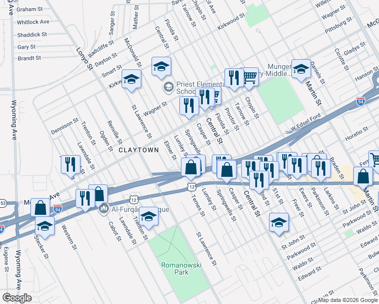 map of restaurants, bars, coffee shops, grocery stores, and more near 5236 Lumley Street in Detroit
