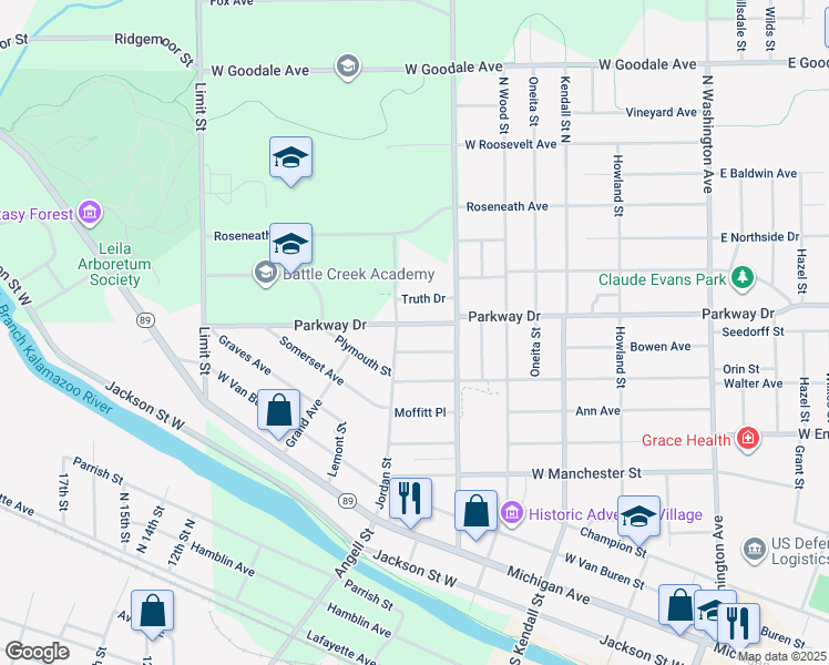 map of restaurants, bars, coffee shops, grocery stores, and more near 373 Parkway Drive in Battle Creek