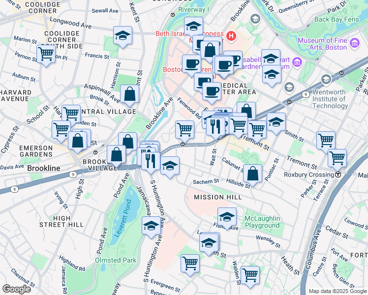 map of restaurants, bars, coffee shops, grocery stores, and more near 822 Huntington Avenue in Boston