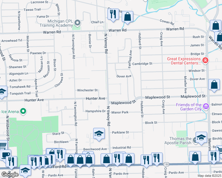 map of restaurants, bars, coffee shops, grocery stores, and more near 6500 North Venoy Road in Garden City