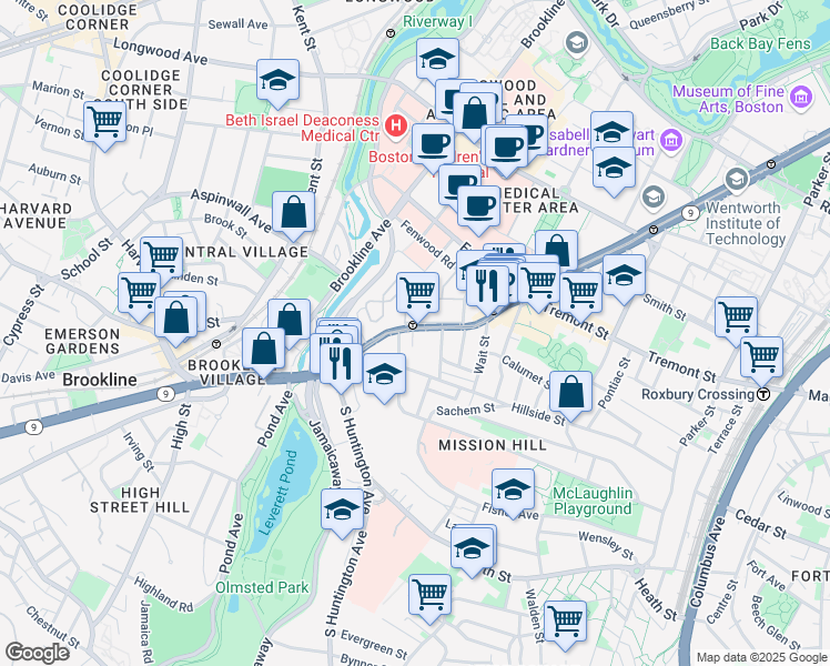 map of restaurants, bars, coffee shops, grocery stores, and more near 2 Shepherd Avenue in Boston