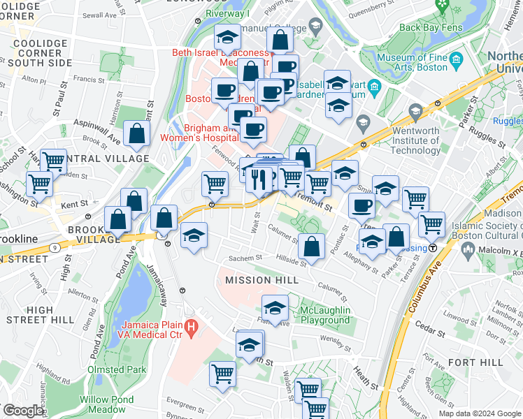 map of restaurants, bars, coffee shops, grocery stores, and more near 8 Wait Street in Boston