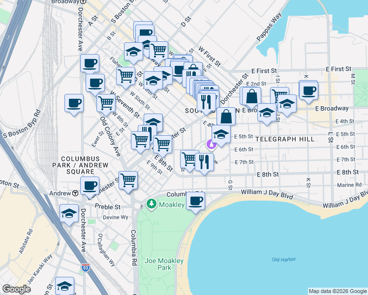 map of restaurants, bars, coffee shops, grocery stores, and more near 53 Old Harbor Street in Boston
