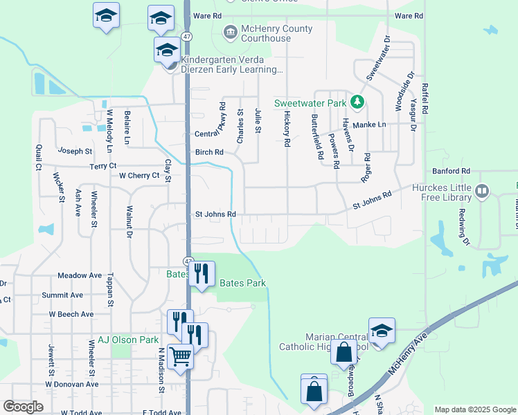 map of restaurants, bars, coffee shops, grocery stores, and more near 633 Saint Johns Road in Woodstock