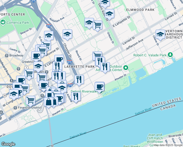map of restaurants, bars, coffee shops, grocery stores, and more near 1350 East Jefferson in Detroit