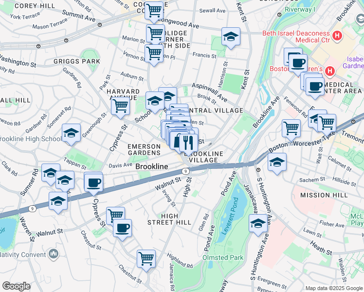 map of restaurants, bars, coffee shops, grocery stores, and more near 7 Harvard Square in Brookline