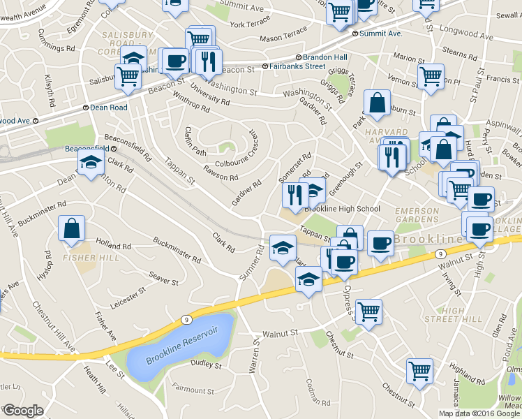 map of restaurants, bars, coffee shops, grocery stores, and more near 125 Blake Road in Brookline