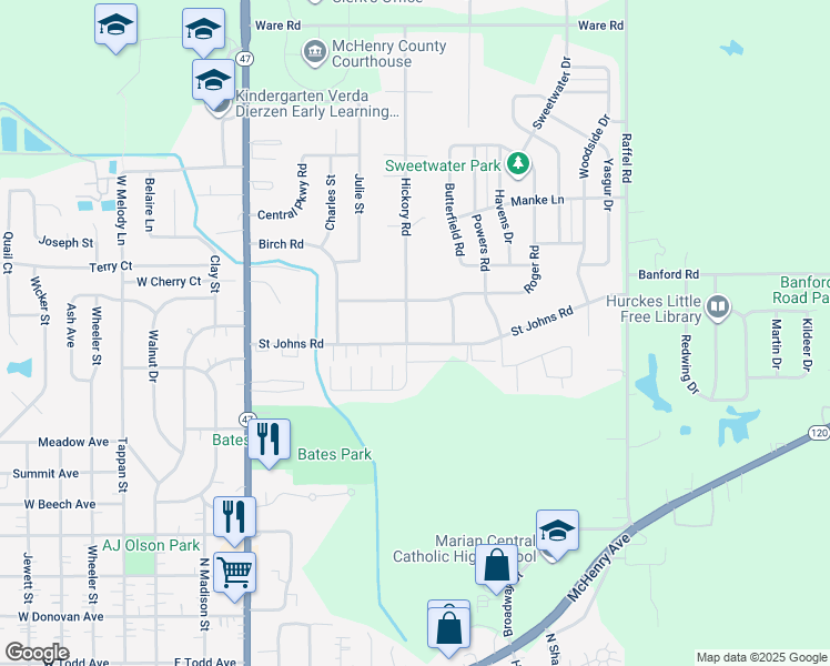map of restaurants, bars, coffee shops, grocery stores, and more near 701 Saint Johns Road in Woodstock