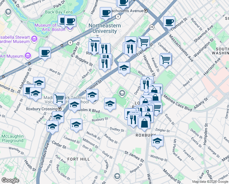 map of restaurants, bars, coffee shops, grocery stores, and more near 100 Cabot Street in Boston