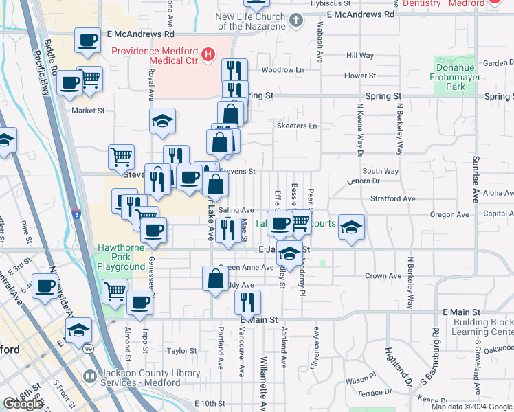 map of restaurants, bars, coffee shops, grocery stores, and more near 1127 Saling Avenue in Medford