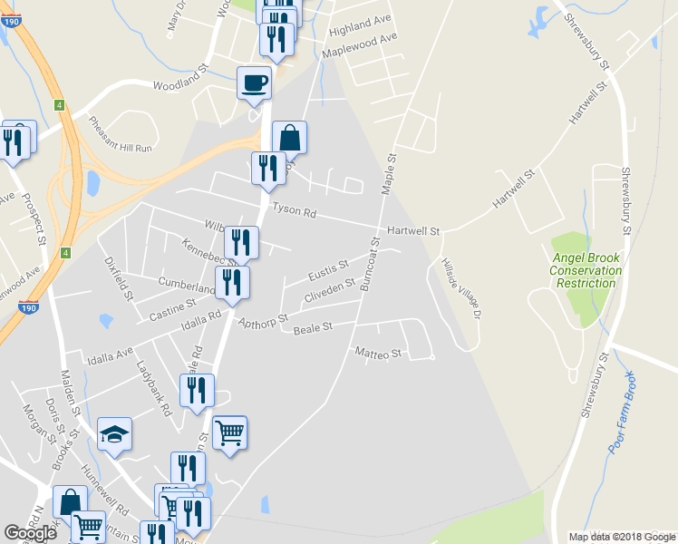map of restaurants, bars, coffee shops, grocery stores, and more near 13 Eustis Street in Worcester