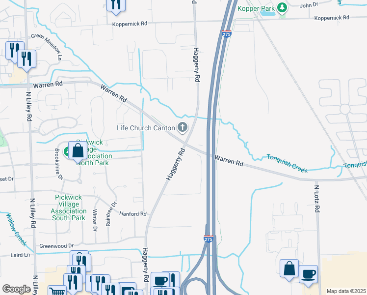 map of restaurants, bars, coffee shops, grocery stores, and more near 6801 North Haggerty Road in Canton