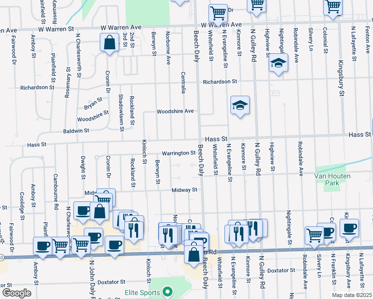 map of restaurants, bars, coffee shops, grocery stores, and more near 25860 Warrington Street in Dearborn Heights