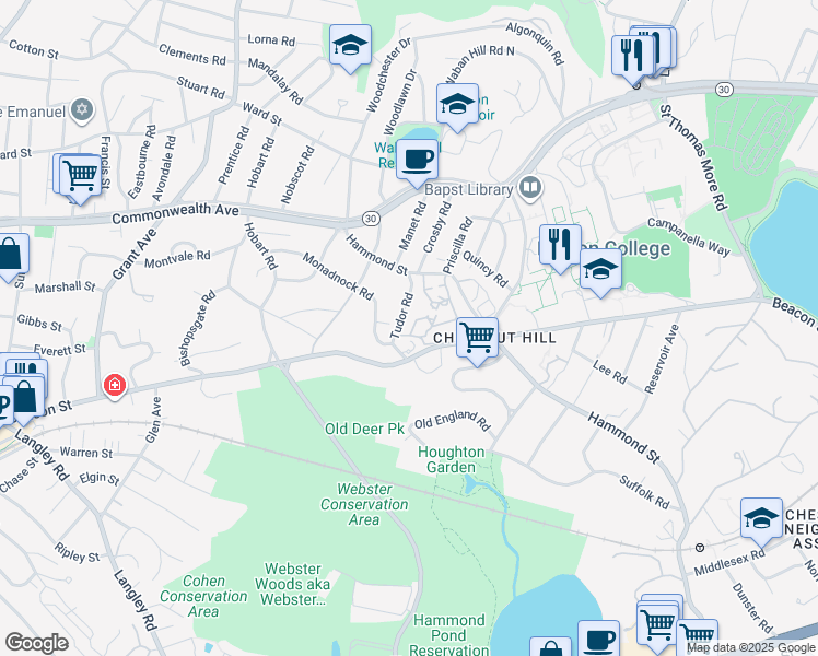 map of restaurants, bars, coffee shops, grocery stores, and more near 40 Tudor Road in Newton