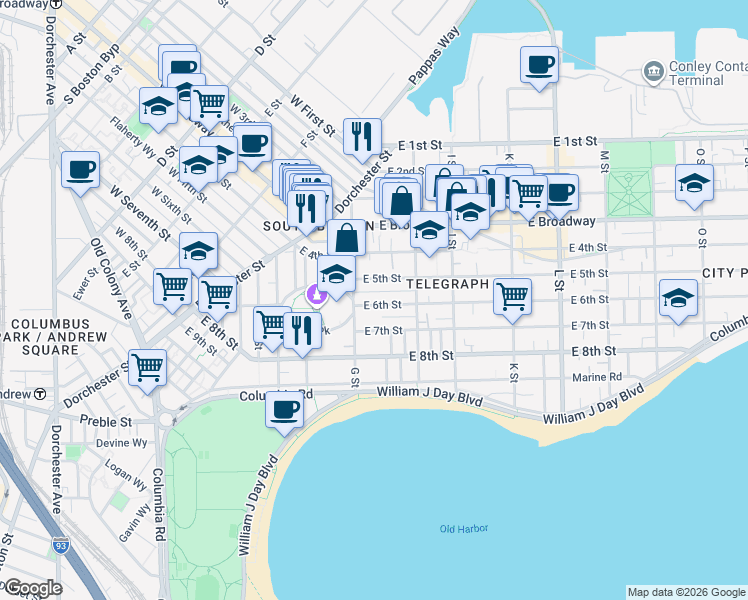 map of restaurants, bars, coffee shops, grocery stores, and more near 434 East 6th Street in Boston