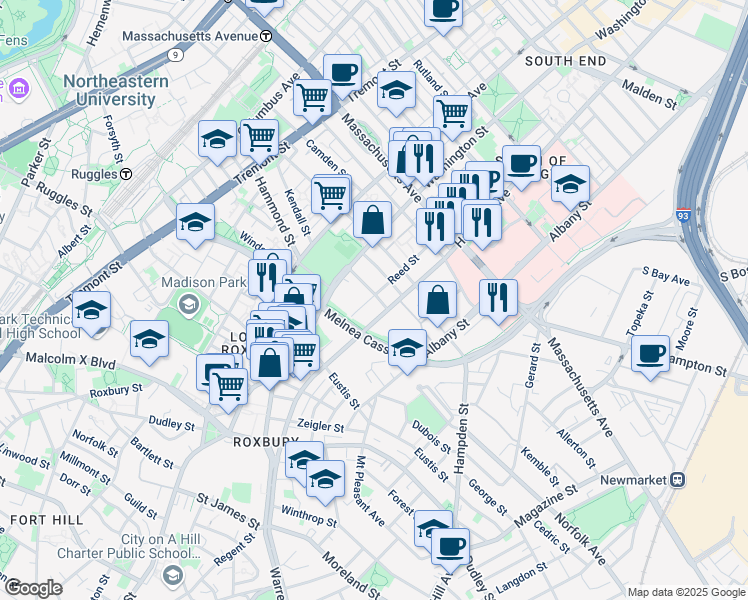 map of restaurants, bars, coffee shops, grocery stores, and more near 41 Thorndike Street in Boston