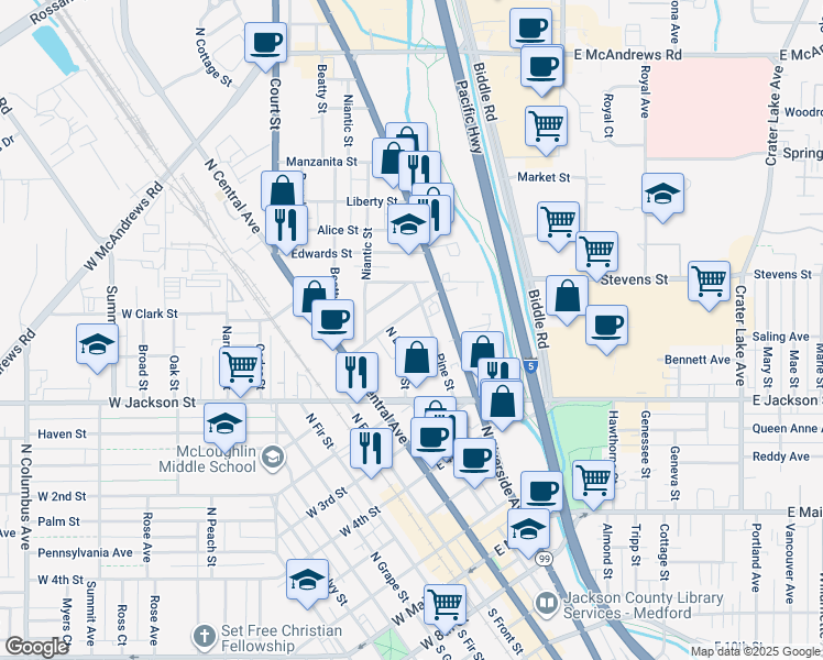 map of restaurants, bars, coffee shops, grocery stores, and more near 608 North Bartlett Street in Medford