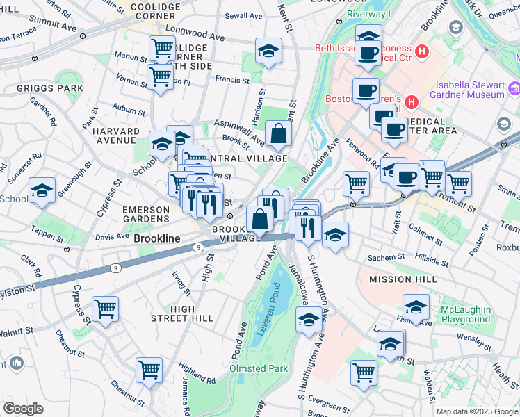 map of restaurants, bars, coffee shops, grocery stores, and more near 11 Pearl Street in Brookline