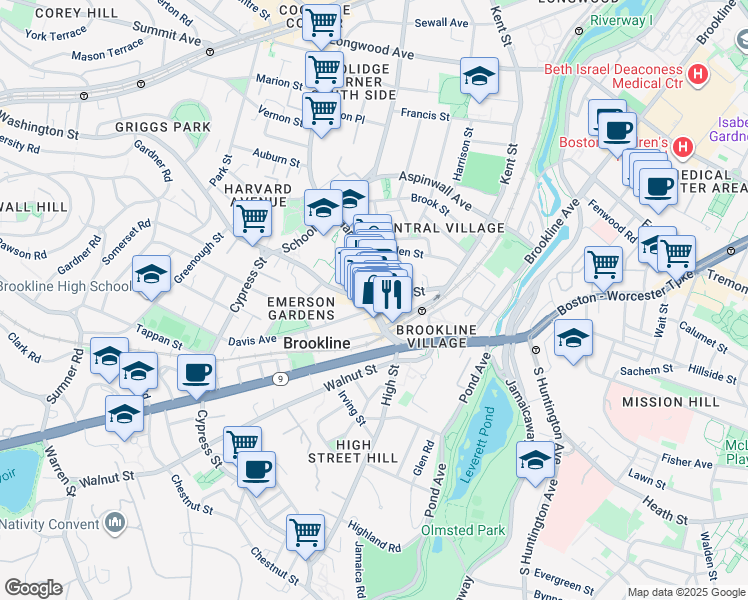 map of restaurants, bars, coffee shops, grocery stores, and more near 4 Station Street in Brookline
