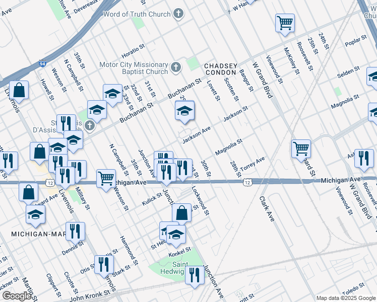 map of restaurants, bars, coffee shops, grocery stores, and more near 3860 31st Street in Detroit