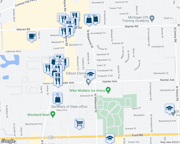 map of restaurants, bars, coffee shops, grocery stores, and more near 6636 Redman Street in Westland