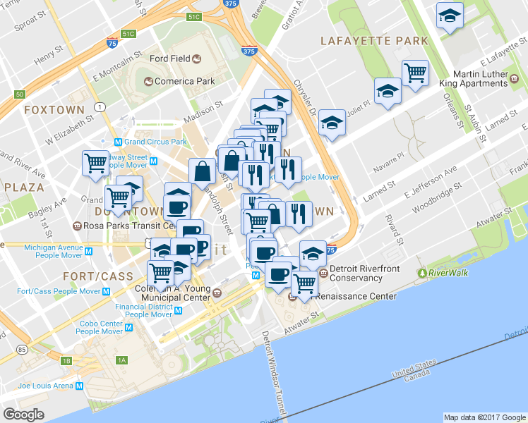 map of restaurants, bars, coffee shops, grocery stores, and more near 655 Beaubien Street in Detroit
