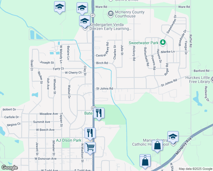 map of restaurants, bars, coffee shops, grocery stores, and more near 523 Saint Johns Road in Woodstock