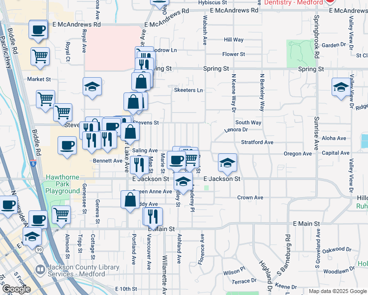 map of restaurants, bars, coffee shops, grocery stores, and more near 1331 Saling Avenue in Medford