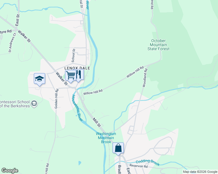 map of restaurants, bars, coffee shops, grocery stores, and more near 80 Willow Hill Road in Lee