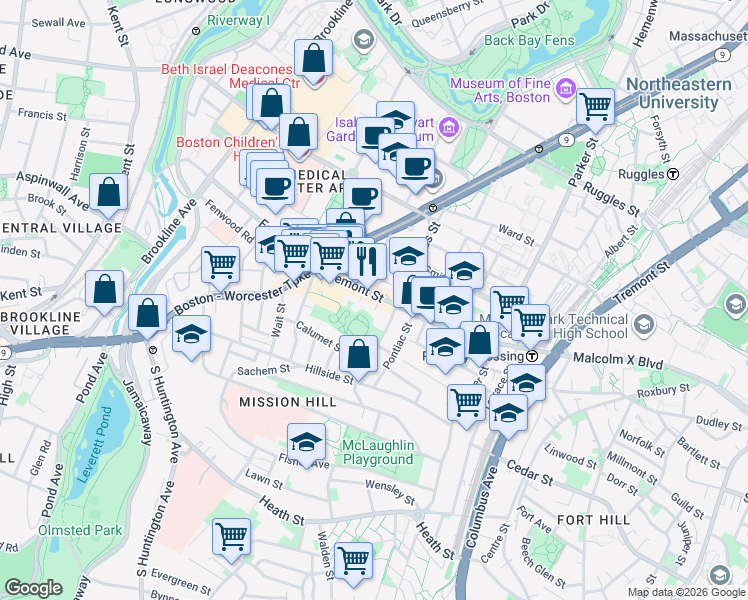 map of restaurants, bars, coffee shops, grocery stores, and more near 1572 Tremont Street in Boston