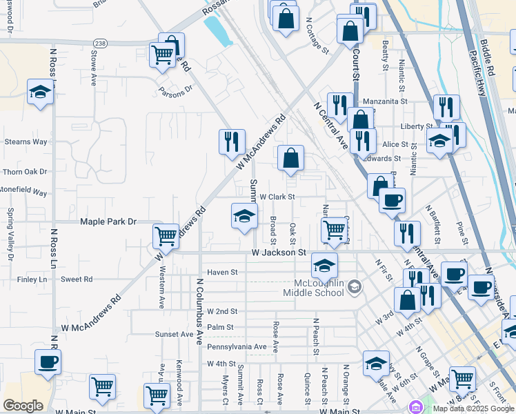 map of restaurants, bars, coffee shops, grocery stores, and more near 824 Summit Avenue in Medford
