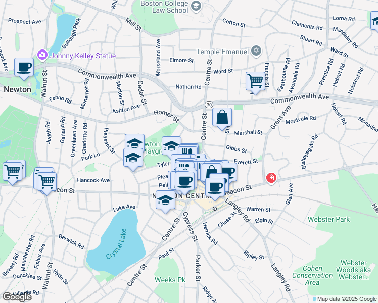 map of restaurants, bars, coffee shops, grocery stores, and more near 3 Willow Terrace in Newton